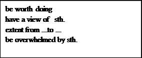 文本框: be worth doinghave a view of sth.extent from ...to ...be overwhelmed by sth.