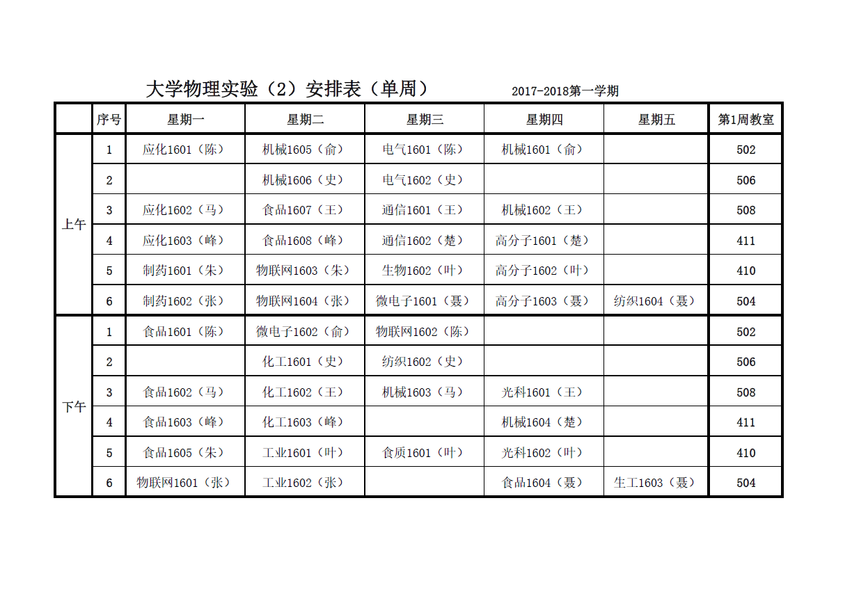 2017-2018-1大学物理实验安排