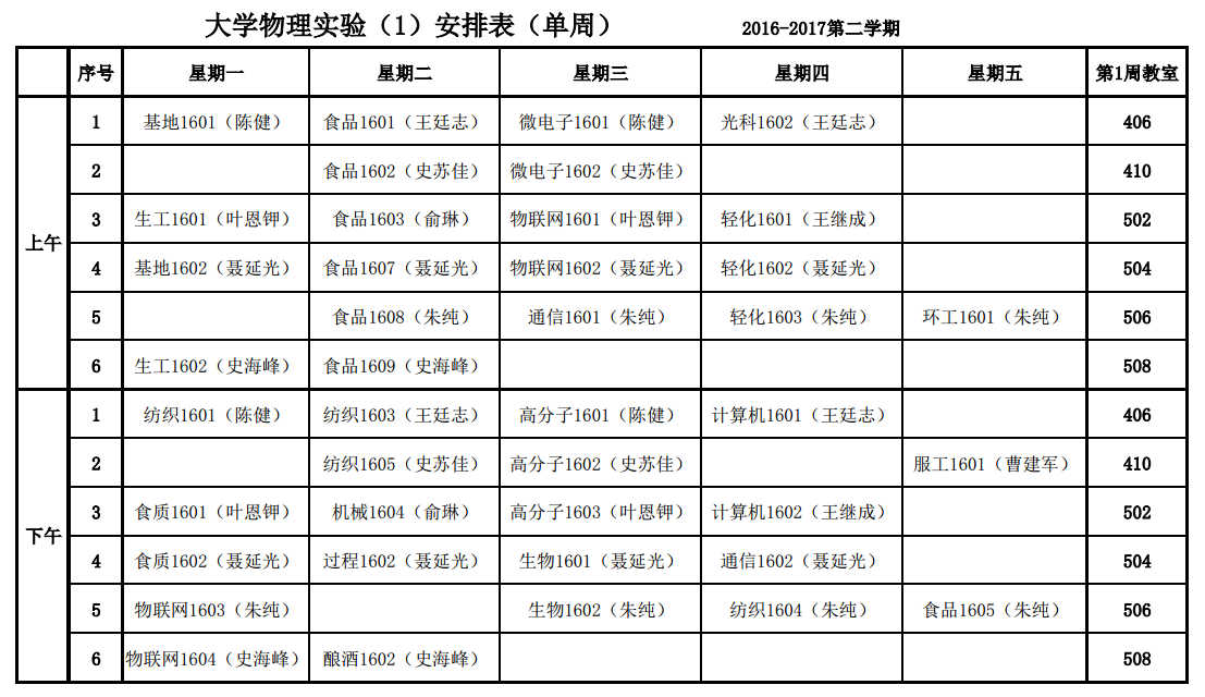 2016-2017-2大学物理安排课表