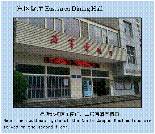 文本框: 东区餐厅East Area Dining Hall 靠近北校区东南门，二层有清真档口。Near the southeast gate of the North Campus.Muslim food are served on the second floor.